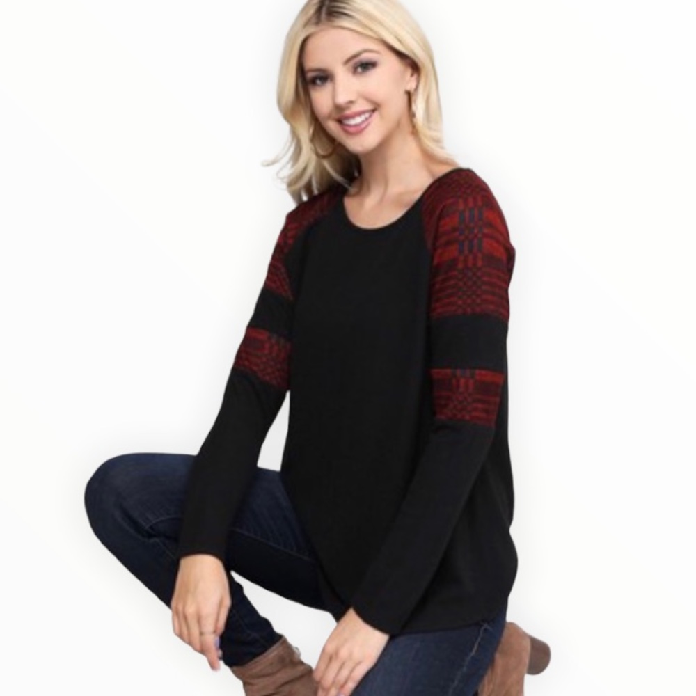 Black Raglan Top with Plaid Long Sleeves